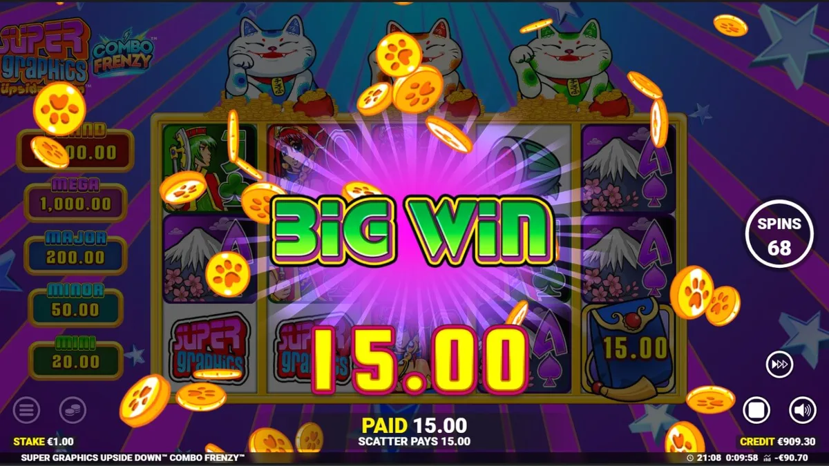 Tampilan visual slot Super Graphics Upside Down dengan tema anime dan kucing keberuntungan